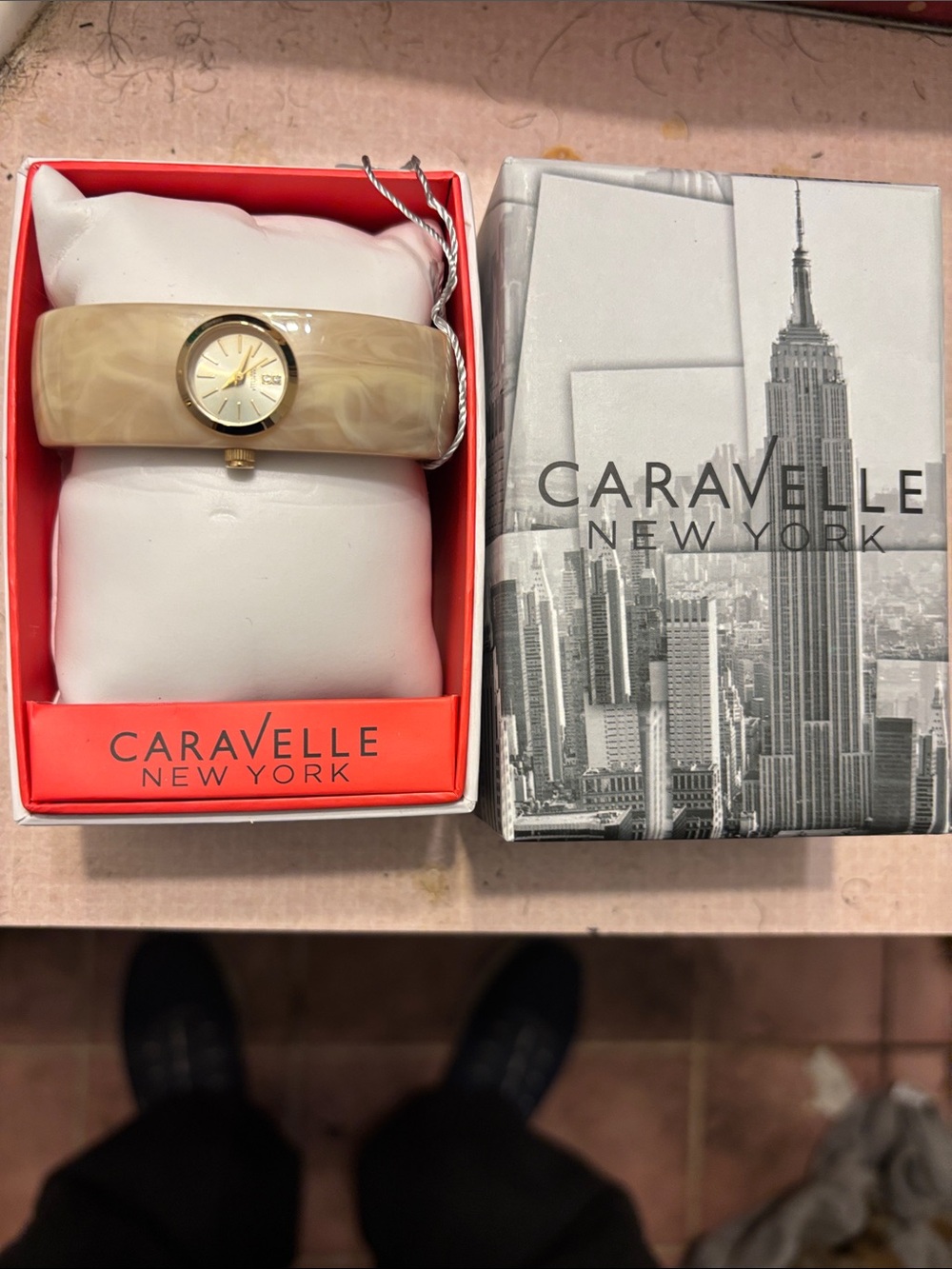 Caravelle New York Beige Marbled Bangle Watch with Gold Dial